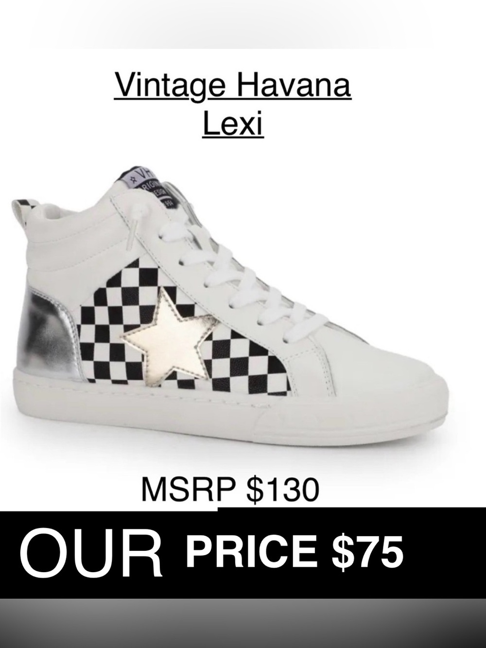 NWT Vintage Havana LEXI Black/White Checkered High-Top Sneakers w Mtlc Star 9